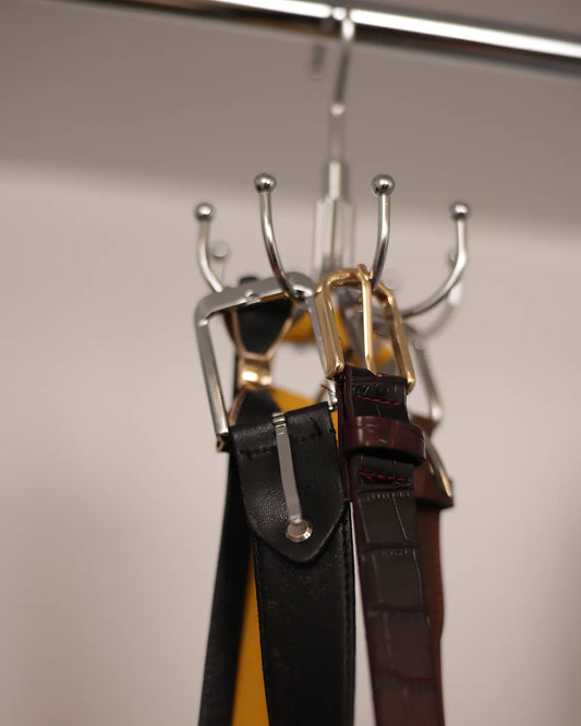 Belt hanger holding belts on the closet rail