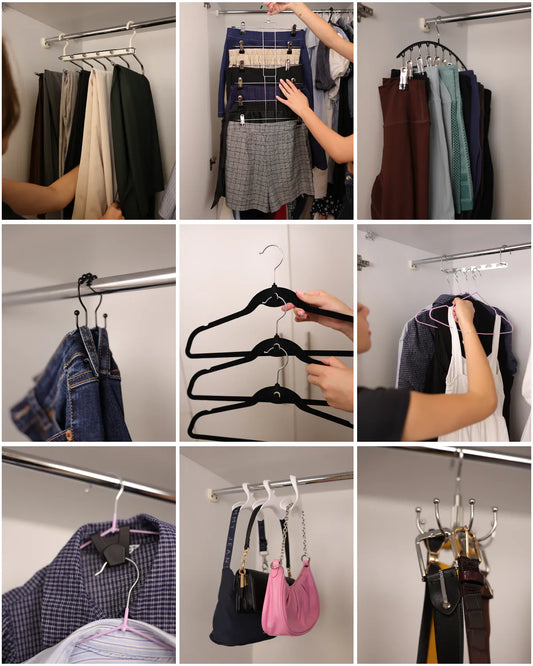 Every Labayte closet hanger in use: pants, skirts, leggings, jeans, velvet, organizer, connectors, purses and belts