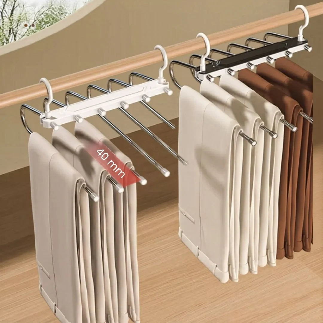 Pants hangers holding trousers, six come in The Family Closet Set