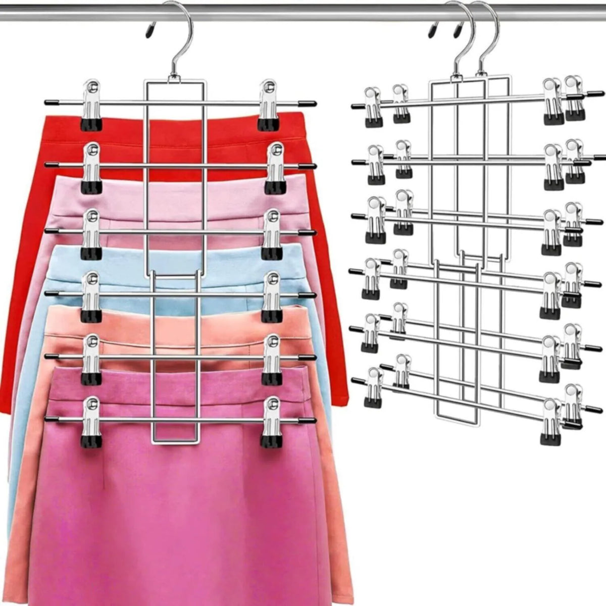 Skirt hanger holding skirts by their clips, four come in The Family Closet Set
